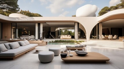 Fototapeta premium Modern villa that seamlessly blends Italian architectural elements with contemporary design, incorporating features such as arched windows, terracotta accents, and a sleek minimalist aesthetic