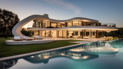 Fototapeta premium Modern villa that seamlessly blends Italian architectural elements with contemporary design, incorporating features such as arched windows, terracotta accents, and a sleek minimalist aesthetic