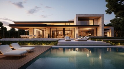 Modern villa that seamlessly blends Italian architectural elements with contemporary design, incorporating features such as arched windows, terracotta accents, and a sleek minimalist aesthetic