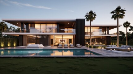 Obraz premium Modern villa that seamlessly blends Italian architectural elements with contemporary design, incorporating features such as arched windows, terracotta accents, and a sleek minimalist aesthetic