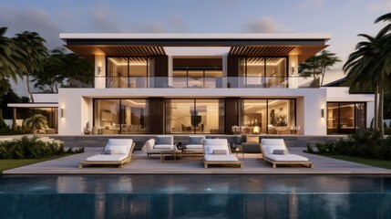 Fototapeta na wymiar Modern villa that seamlessly blends Italian architectural elements with contemporary design, incorporating features such as arched windows, terracotta accents, and a sleek minimalist aesthetic