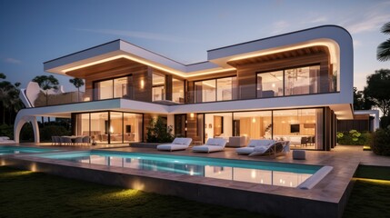 Obraz premium Modern villa that seamlessly blends Italian architectural elements with contemporary design, incorporating features such as arched windows, terracotta accents, and a sleek minimalist aesthetic