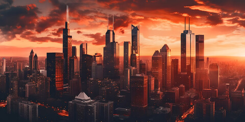Fototapeta premium City panorama skyline at sunset, beautiful city skyline with buildings or skysrcapers at sunset