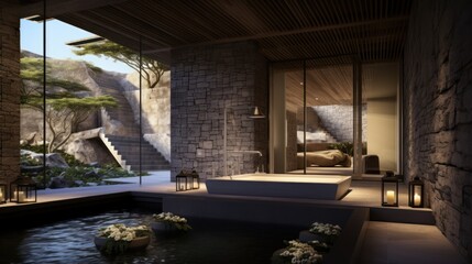 Obraz premium Spa retreat within the villa, complete with a sauna, steam room, massage rooms, and a relaxation lounge.