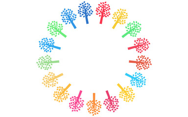 SDGsカラーのカラフルな17本の木、中央にコピースペース