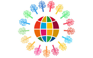 SDGsカラーのカラフルな木と地球のイメージロゴ