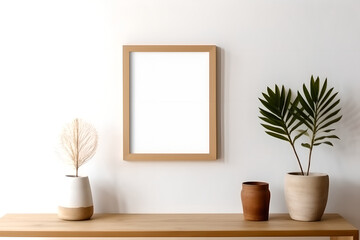 Scandinavian room interior with mock up photo frame on the brown bamboo shelf with beautiful plants. Interior poster mockup with vertical wooden frame in home interior background.