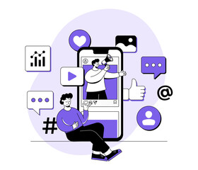 Man standing on social media feed with megaphone, Social media marketing concept flat illustration, Digital marketing, E-commerce, Social media campaign, Seo optimization, content marketing