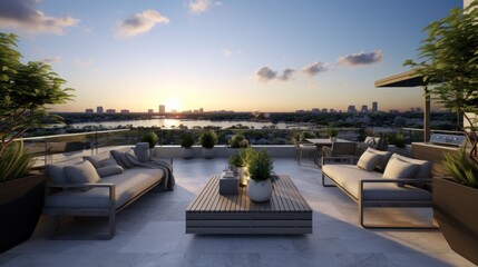 Fototapeta premium Spacious rooftop terrace that offers breathtaking panoramic views of the surrounding landscape. Include comfortable seating, a barbecue area, and lush greenery to create a perfect space for relaxation
