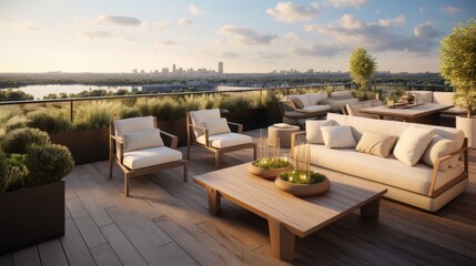 Spacious rooftop terrace that offers breathtaking panoramic views of the surrounding landscape. Include comfortable seating, a barbecue area, and lush greenery to create a perfect space for relaxation