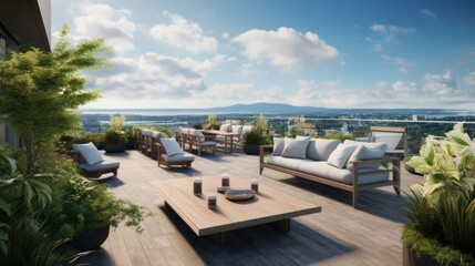 Fototapeta premium Spacious rooftop terrace that offers breathtaking panoramic views of the surrounding landscape. Include comfortable seating, a barbecue area, and lush greenery to create a perfect space for relaxation