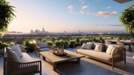 Fototapeta premium Spacious rooftop terrace that offers breathtaking panoramic views of the surrounding landscape. Include comfortable seating, a barbecue area, and lush greenery to create a perfect space for relaxation