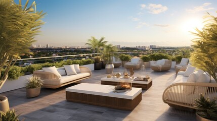 Fototapeta premium Spacious rooftop terrace that offers breathtaking panoramic views of the surrounding landscape. Include comfortable seating, a barbecue area, and lush greenery to create a perfect space for relaxation