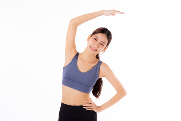 Portrait beautiful young asian woman stretching hands or arms for exercise yoga and relax isolated on white background, female workout training for muscle strong, sport and health care concept.