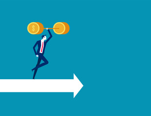 Leader lifting weights and moving on arrow. Business vector illustration