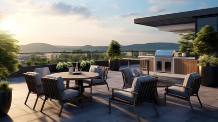 Spacious rooftop terrace that offers breathtaking panoramic views of the surrounding landscape. Include comfortable seating, a barbecue area, and lush greenery to create a perfect space for relaxation