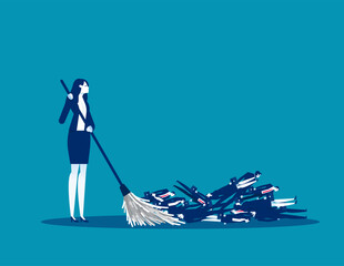 Brooms to remove fired employee. Business layoffs vector illustration