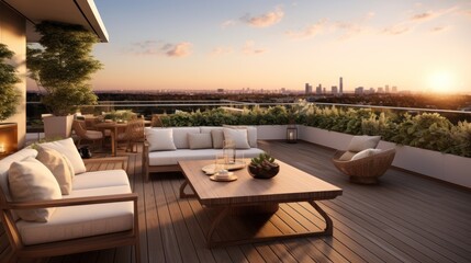 Fototapeta premium Spacious rooftop terrace that offers breathtaking panoramic views of the surrounding landscape. Include comfortable seating, a barbecue area, and lush greenery to create a perfect space for relaxation