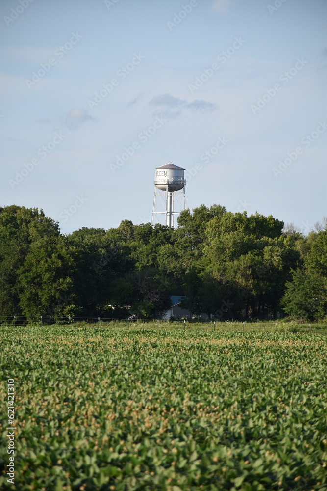 Sticker Soybean Field with a Water Tower in the Distance