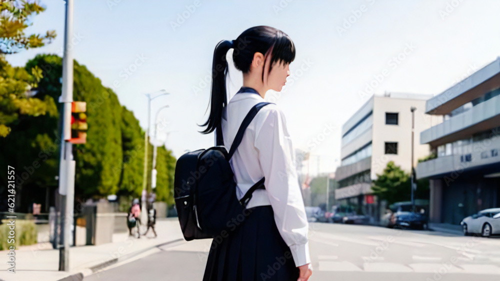 Wall mural 道路を歩く鞄を背負った女性中学生_ワイド