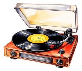 Watercolor hand painted vintage record player isolated.