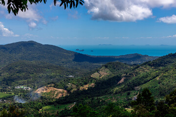 panoramic background of high mountain scenery, overlooking the atmosphere of the sea, trees and wind blowing in a cool blur, spontaneous beauty