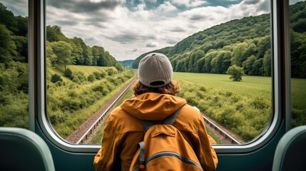 traveler on a train journey through a mountain pass generative ai