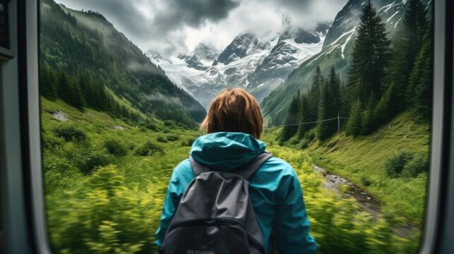 traveler on a train journey through a mountain pass generative ai