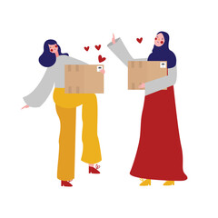 Girls friends smile happiness cheerful expression and hijab girl fashion doing sharing cardboard box package full love shape