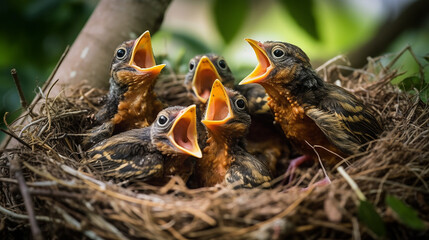 Naklejka na ściany i meble Generative AI image of a nest brimming with famished bird hatchlings, their mouths wide open, eagerly awaiting a meal from their parents.