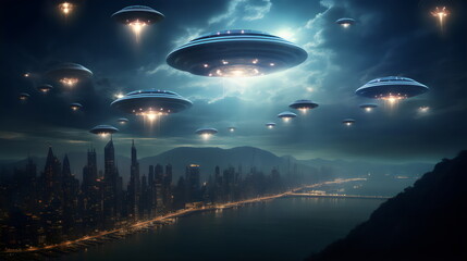 Naklejka na ściany i meble ufo fleet hovering over city at night, made with generative ai