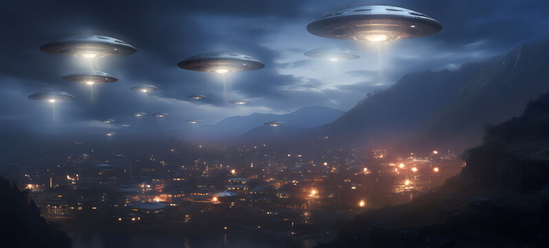 ufo fleet hovering over city at night, invasion photo made with generative ai