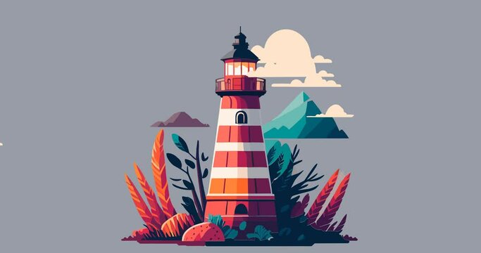 Flat design animation of lighthouse with cloud sky and mountains in the back