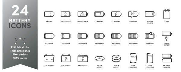 Battery thick and thin line icons. A variety of different batteries with editable strokes
