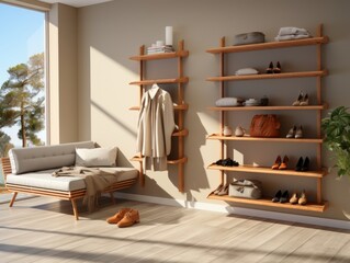 Shoe rack standing on the ground with a Japandi - inspired design that is very minimalistic with thin elements.