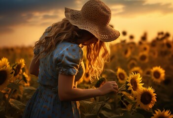 Woman picking sunflowers in a field in summer
