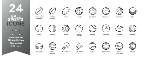 Ball Sports Icon Set, editable stroke with thick and thin stroke weights. Perfect for logos, stats and infographics. Change the thickness of the line in any vector capable app.