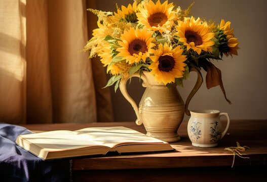Bunch of sunflowers in a vase next to blank pieces