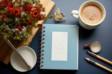 Obraz na płótnie Canvas Aesthetic desktop with notebook and coffee, generative ai