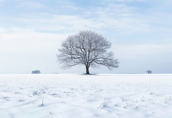Lone mulberry tree in a snowy field in winter