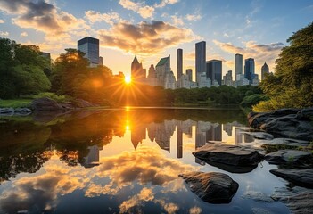 Sunrise at the Lake in Central Park Midtown Manhatan - obrazy, fototapety, plakaty