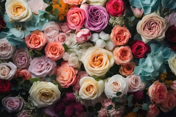 Obraz na płótnie Canvas wedding flower backdrop, colorful, fresh rose, bunch of flower