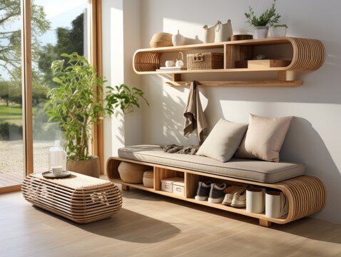 Product house, bamboo shoe changing bench beside the door at a 45 - degree angle, indoor green plants, wooden texture floor, bright white background wall