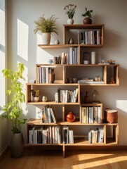 Fototapeta premium Photoshoot of a minimalist bookshelf made from light wood, 4k, real, cool, stylish, classic