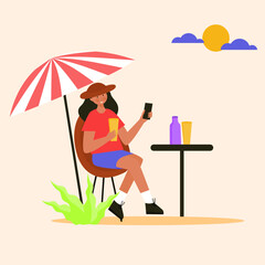 Girl enjoy summer holiday in the beach illustration. Girl sitting drink and playing phone on vocation illustration. Flat character.