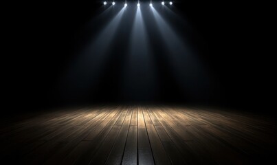 Empty dark stage with spotlight ad wooden floor - obrazy, fototapety, plakaty