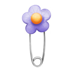 Watercolor purple flower safety pin clipart. Hand painted school element illustration isolated on white background.