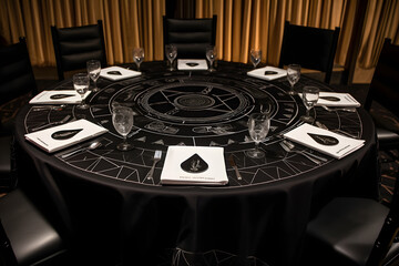 Secret society black round table with mysterious symbols, candles, chairs and plates, neural network generated image