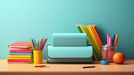 School desk with school accessory and backpack, back to school on isolated background - obrazy, fototapety, plakaty