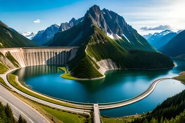 An ultrawide classy view of a dam and a mountain